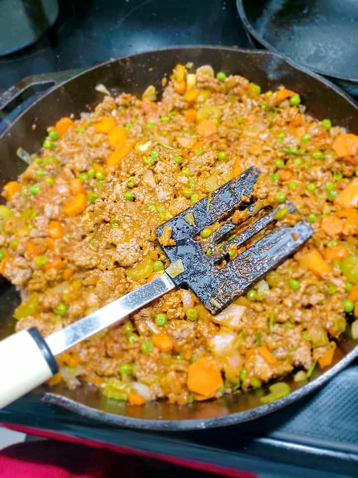 Irish Shepherd's Pie Meat Mixture cooking in a pan