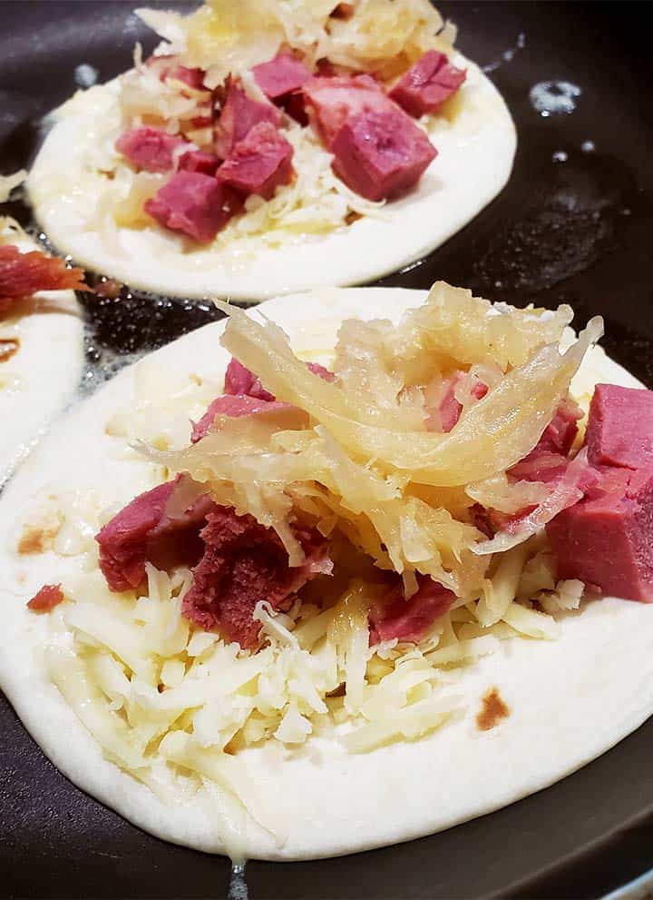 Reuben Tacos Recipe Cooking in Pan