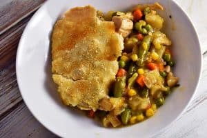 Turkey Pot pie in a white bowl