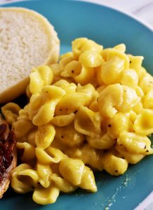 Instant Pot Mac and Cheese on a blue plate
