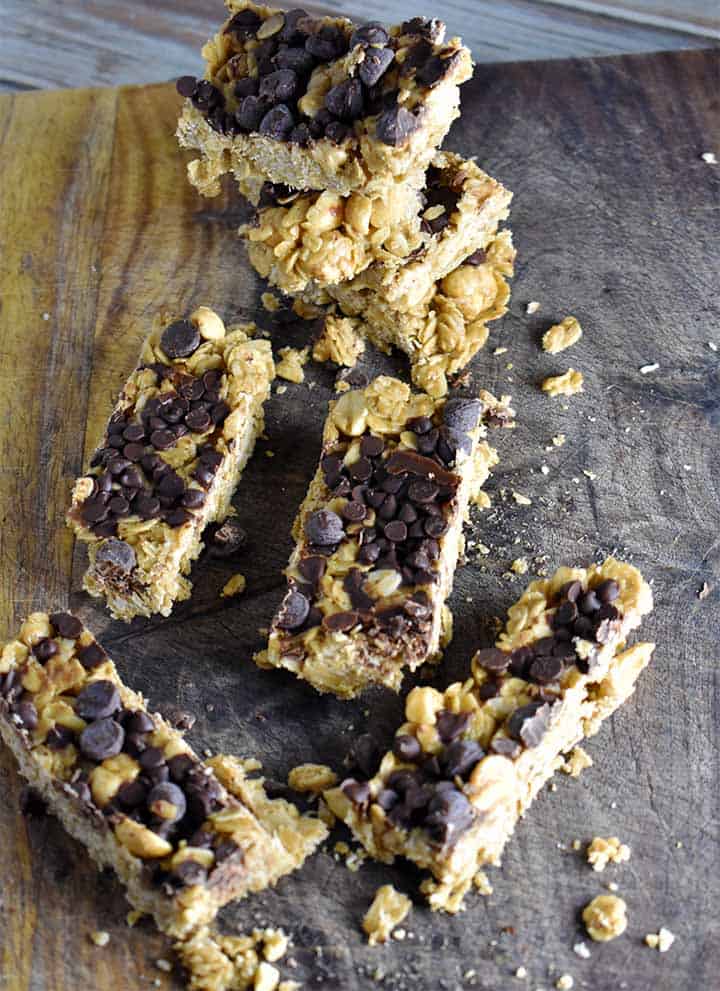 homemade granola bars on a wooden cutting board