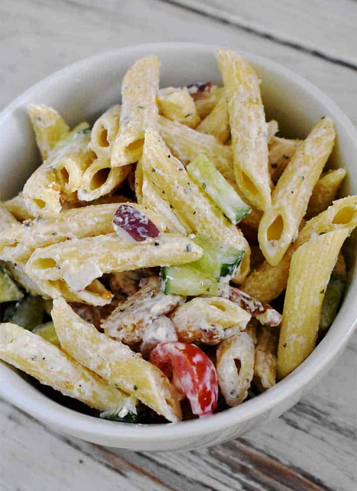 BLT Pasta Salad In White Bowl on Wood