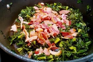 collard greens with bacon in pan