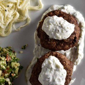 lamb kibbeh with string cheese and tabouleh