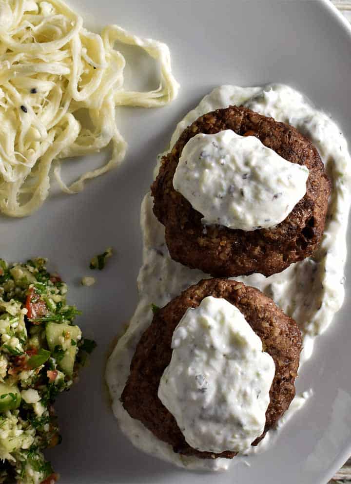 lamb kibbeh with string cheese and tabouleh