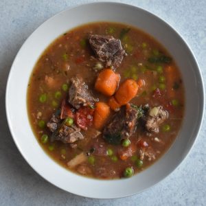 beef stew in a white bowl