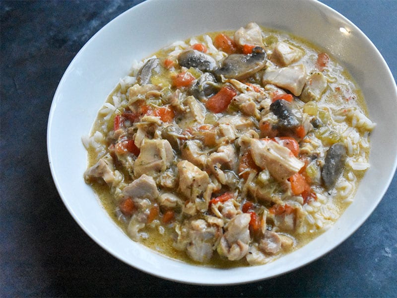 Instant Pot Chicken a la King in a white bowl on a gray marble table