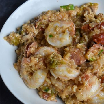 Instant Pot Jambalaya in a white bowl on a black table