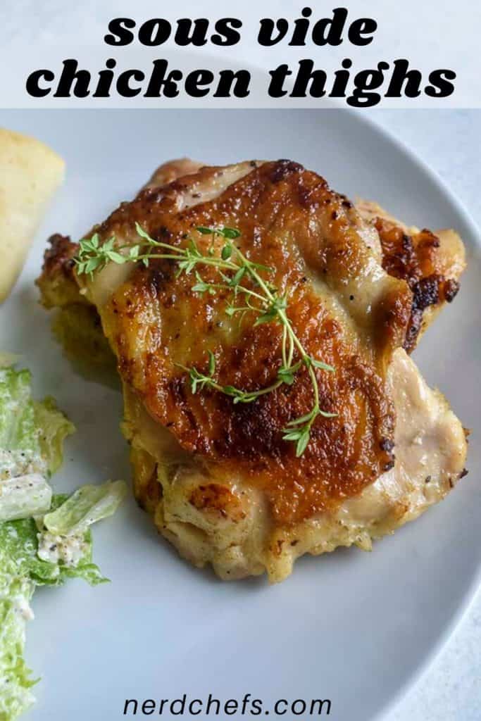 sous vide chicken thighs on a white plate - for pinterest