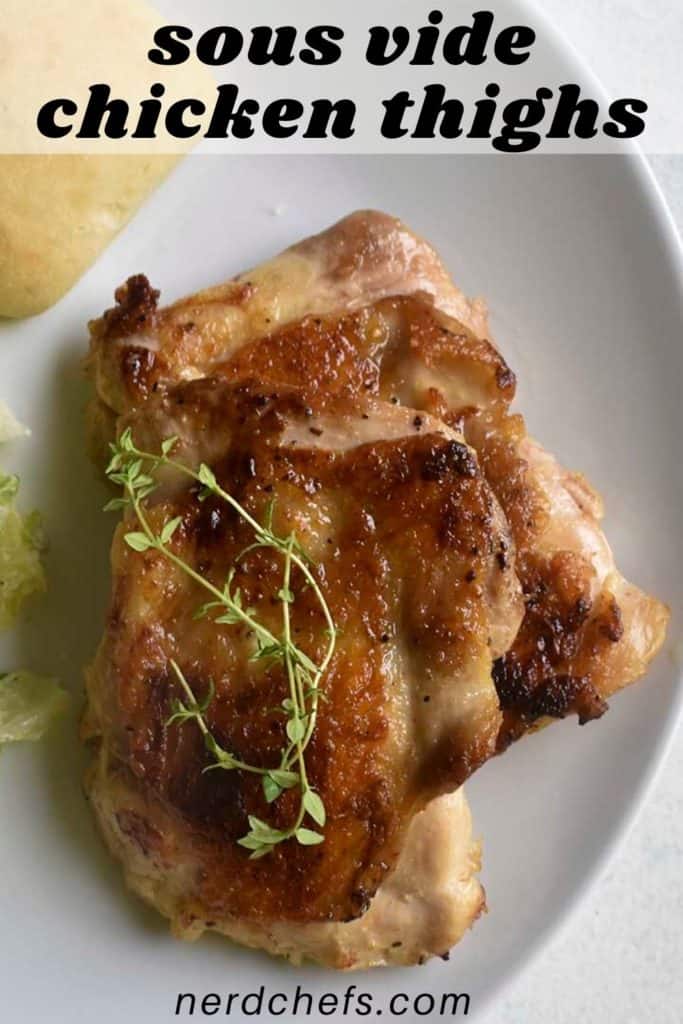 sous vide chicken thighs on a white plate - for pinterest