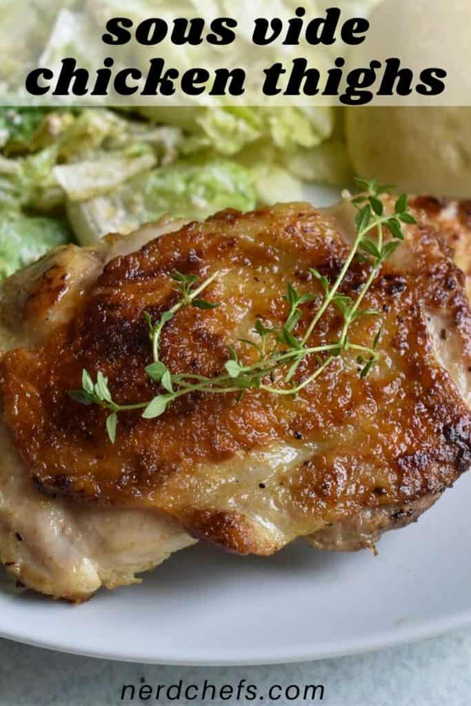 sous vide chicken thighs on a white plate - for pinterest