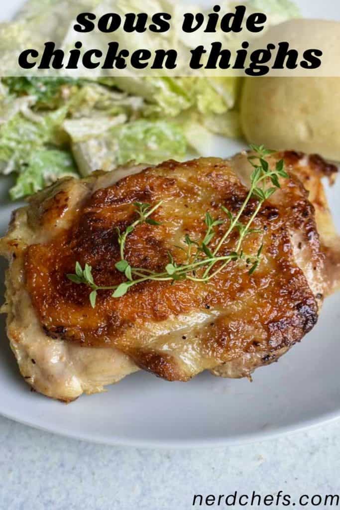 sous vide chicken thighs on a white plate - for pinterest