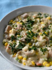 chicken and dumplings in w white bowl topped with fresh parsley