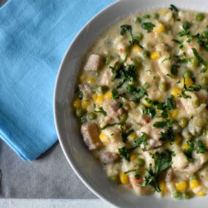 overhead shot of chicken and dumplings in a white bowl with a blue and grey napkin on the table